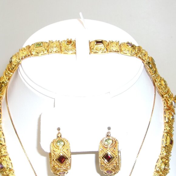 Etruscan Sterling Silver 18k Gold Vermeil Gemstone Jewelry Set with Cross MIB - Picture 3 of 7